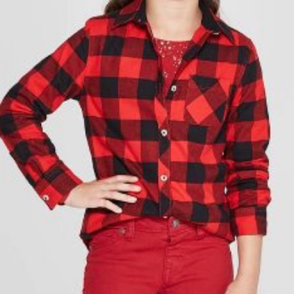 Girls' Woven Button Down  Cat & Jack Red Plaid - Picture 1 of 7